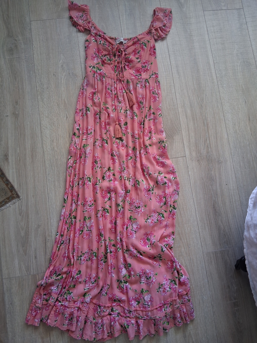 Tiare Hawaii Pink Floral Maxi Dress with Ruffled Cap Sleeves Corset Ties